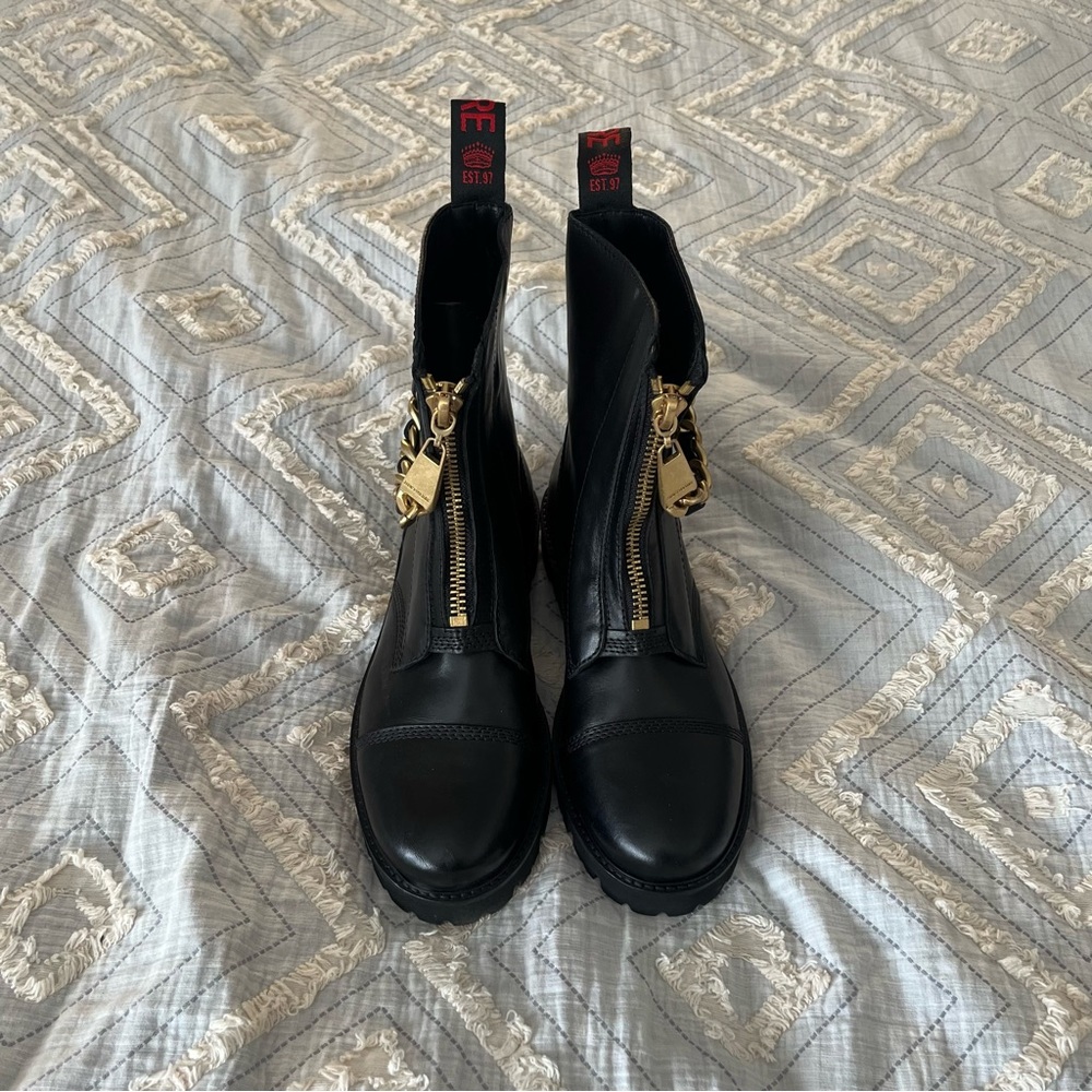 Zadig & Voltaire Joe Black Leather Chain Front Zip Combat Boots 39